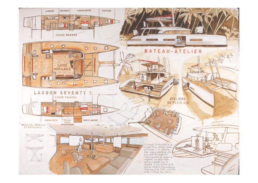 Étude d'adaptation du Lagoon 77 Bénéteau - Bateau-atelier de Titouan Lamazou, 2015-16