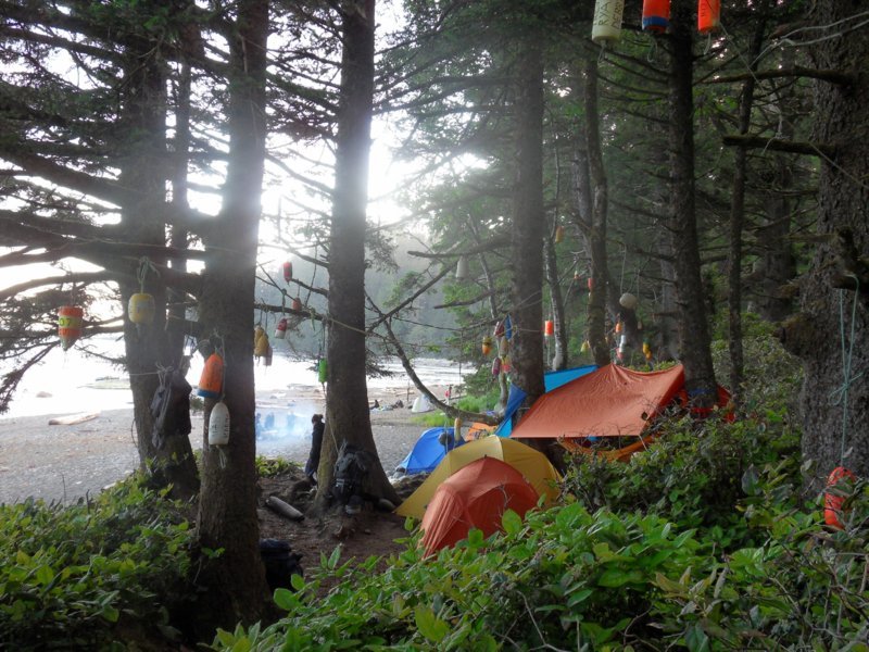 L'un de nos campements et ses bouées, marquant le passage de randonneurs sur ce lieu, West Coast Trail - Canada