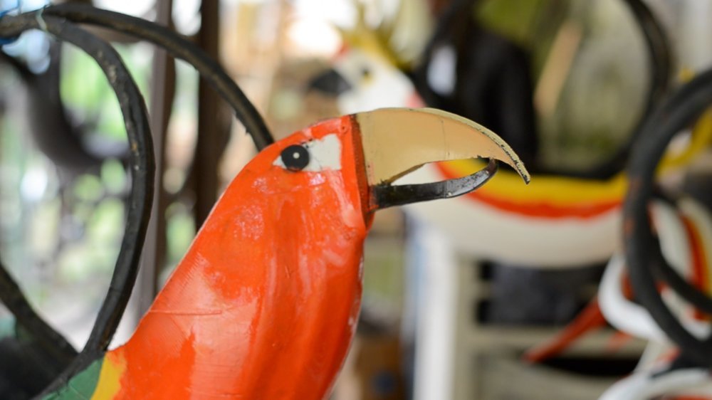 Les oiseaux colorés fabriqués à partir de pneus usagés de Gary Pierre-Charles